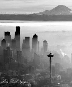 
                    
                        Aerial Space Needle, Foggy Seattle, Mount Rainier, Washington
                    
                