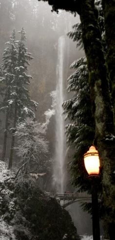 
                    
                        Lamplit, dusky winter scene at Multnomah Falls in the Columbia River Gorge of Oregon (30 mi. east of Portland), United States. • photo: Synapped.
                    
                