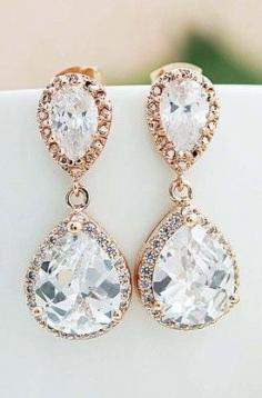 
                    
                        LUX Rose Gold clear white cubic zirconia Crystal tear drop Wedding Earrings
                    
                