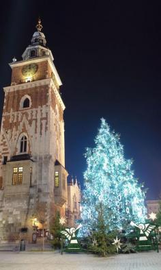 
                    
                        Giant christmas tree illuminated at night standing next to historical Town Hall tower on the Main Market Square in Krakow, Poland     |    25 Impressive photos of Christmas celebrations around the World. #17 Is Awesome!
                    
                
