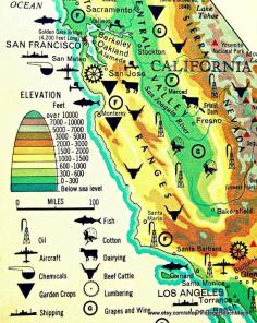
                    
                        New colorful photograph of a vintage California illustrated map of the coastline and key of cool California state industry symbols.
                    
                