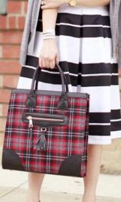 
                    
                        Plaid-printed tote with a front zipper, top handle and removable crossbody strap.
                    
                