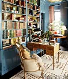 
                    
                        Room of the Day ~ The library in designer Garrow Kedigian's Manhattan apartment sheds fresh light on the classics he collects, both literary and decorative. A bergère in Pierre Frey's Dune partners with a mid-20th-century inlaid desk. Custom Stark rug with the designer's hallmark Greek key pattern.
                    
                