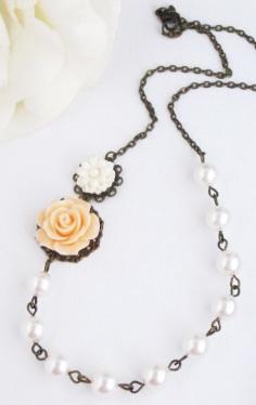 
                    
                        White and Peach Flowers, White Swarovski Pearls Necklace
                    
                