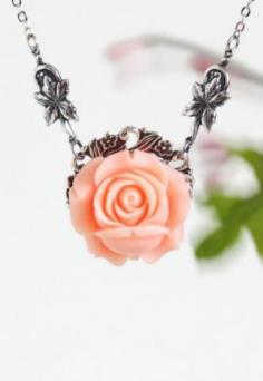 
                    
                        Peach Rose and Silver Leaves Necklace
                    
                
