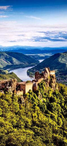 
                    
                        Scenic landscape with Aggstein Castle ruin and Danube river at sunset in Wachau Valley near Vienna, Austria    |    30+ Truly Charming Places To See in Austria
                    
                