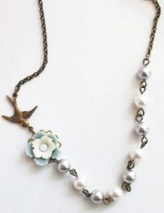 
                    
                        Nature Spring Soft Grey and White Flower, Swarovski Pearls, antiqued Brass Swallow Necklace.
                    
                