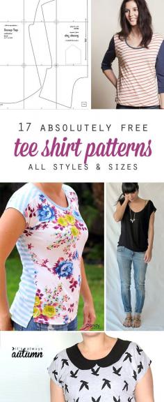 
                    
                        great collection of free t-shirt sewing patterns. for women, men, and kids, in lots of sizes and styles. looks like I'll be making some tees in the near future!
                    
                