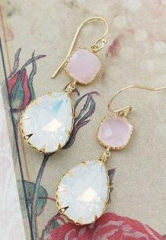 
                    
                        White Opal Swarovski Crystal with pink opal Glass Dangle Earrings
                    
                