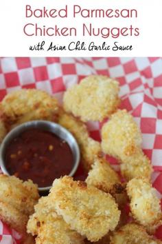 
                    
                        Baked Chicken Nuggets Asian Chili Garlic Sauce :: Healthy homemade chicken nuggets that are easy to make and much healthier than store bought. Everyone will love the parmesan panko crust.
                    
                