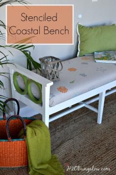 
                    
                        My stenciled coastal bench makeover is fresh and ready for a new place in our home. Perfect for a dining banquette, end of the bed or seating for friends. #furniture #paintedfurniture #Coastalfurniture H2OBungalow.com
                    
                