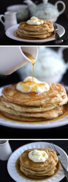 
                    
                        Sour Cream Pancakes - Erren's Kitchen - Thick & fluffy pancakes topped with a scoop of sour cream & warm maple syrup- unbelievably scrumptious.
                    
                
