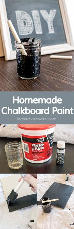
                    
                        Homemade Chalkboard Paint! Create your own trendy message boards & labels with this recipe for homemade chalkboard paint. | HomemadeHooplah.com
                    
                