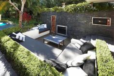 
                    
                        Modern House Sitting Area Interior Design: Outdoor Living With Sunken Lounge Hedges And Stone Wall With Fireplace Oven ~ olpos.com General Inspiration
                    
                