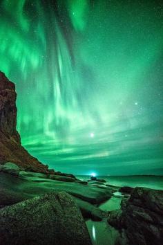 
                    
                        The northern lights at Uttakleiv beach at Lofoten island, Norway
                    
                