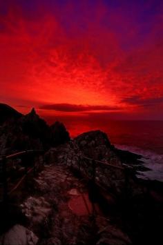 
                    
                        Fire over Cornwall, Sunrise over Polperro Harbour, Cornwall, England
                    
                