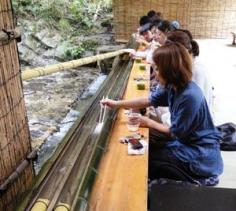
                    
                        At Hirobun in Kyoto diners have to snare their fresh nagashi somen (cold, thin wheat noodles) with chopsticks by the mouthful as they are carried along by a stream of fresh water running down a half-pipe of bamboo.
                    
                