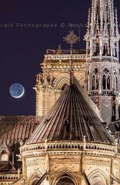 
                    
                        Cathedral Notre Dame de Paris with moon above ~ seen from the  Île Saint Louis, Paris, France
                    
                
