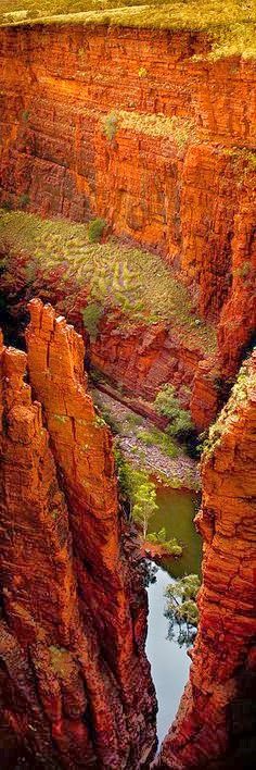 Oxers Lookout in the Karijini National Park, Western Australia. This place is so neat. You literally climb down to ground level and walk to all of the different beautiful waterfalls! Don't get injured though there's no one to help you. Your on your own out there.