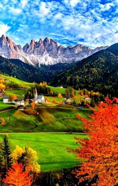 
                    
                        The Odle mountain peaks and the church of Santa Maddalena ~ Trentino Alto Adige in northern Italy.
                    
                