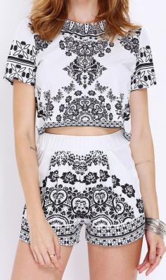 
                        
                            White Short Sleeve Vintage Print Top With Shorts
                        
                    