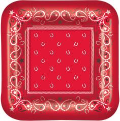 The 7" cowboy bandana plate is perfect for your dessert needs. The square shape of this plate makes it so that you have all the room you need for all the cake and dessert you want. The red bandana look also lets everyone know that they are at a western event. Create an exciting make-believe scene just like traveling out west. Complete the table decor with stellar bandana or cattle print tableware and more. Create magical make-believe moments with a cowboy and western birthday party. Every boy loves a little dress up for a great cowboy birthday party. And we have everything you need for the best cowboy party, western birthday party, or Wild West adventure 7" square bandana plate A great dessert or cake plate Made of paper; Party Themes, Cowboy and Western, Tableware; Sold as package of 8