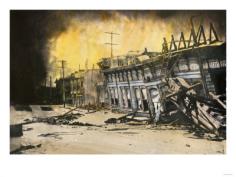 Fire Raging Behind Ruins of Valencia Hotel, Where 75 Died in San Francisco Earthquake of 1906 - Giclee Print