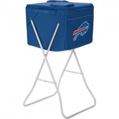Buffalo Bills party cooler with stand. This Bills cooler is the lightweight, soft-sided portable party cooler that comes with a removable, collapsible stand so your drinks and/or snacks are accessible at a comfortable height. It comes with a removable, water-resistant interior divider that allows you to divide the cooler into two sections, each with its own access. Separate food from drinks or beverages by type. In the event there's no shade, you can insert a standard sized umbrella (not included) into the integrated slot to keep the cooler out of the sun. This cooler and stand can be used for backyard parties or as a refreshment stand at your child's soccer games. All licensed products have been approved by the team; however, Picnic Time is considered a designer line. The product color may not be an exact match to the team color.