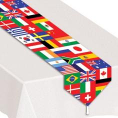 Celebrate the different countries of the world at an International party by decorating with the Printed International Flag Table Runner. The Printed International Flag Table Runner would be a good teaching tool to show children what the different flags look like. The table runner features 24 different countries that are repeated throughout the table runner. The Printed International Flag Table Runner is printed on one side only. Cover a entire rectangular table with the International Flag Tablecover. Measures 11 Wide by 72 Long. Made of cardstock material with fabric tassles. International flags design. There are 24 countries featured and then repeated. The countries include: Mexico Switzerland Greece German Italy Denmark Canada United Kingdom Brazil Australia France USA Spain South Africa Argentina Japan Russia Ireland India Belgium Austria China Sweden and Korea.