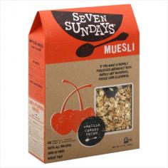 If you want a heavily processed breakfast with hardly any nutrients, please look elsewhere. No added oil, refined sugar or preservatives. 100% all natural. High in fiber. Wheat free. We first had muesli while traveling in New Zealand. It was nothing like the cereals we were used to - no puffs, flakes, shreds or clusters - instead loaded with all natural ingredients that delivered a simple, yet richly textured and flavorful breakfast. With no suitable replacement back home, we decided to shake up the cereal aisle with our very own New Zealand-inspired mueslis. Enjoy, Hannah & Brady. Muesli is Not Granola. Sorry Granola: They look similar, but they're not. Many granolas and cereals have oils, sugars and processed fillers. Our muesli is made with only raw or slightly toasted ingredients and only pure sundried fruits. So you get a broad spectrum of super healthy, whole ingredients in just 1/2 cup. Is There a Muesli World Championship?: There isn't! But it would be cool if there was one. And we might win it. Because we focus on crafting small, tasty batches, with pallet-pleasing spice and fruit combos. Hey, why don't you start a championship? Let us know when we can enter. Want to Learn More?: Visit www. sevensundays.com to learn about the history of muesli, its nutritional benefits, get recipe ideas and more! We love MN (Mother Nature). This box is made from 100% recycled, unbleached and uncoated material. Please recycle after use. 1% for the Planet. www. sevensundays.com. Made in Minnesota. How to Eat Muesli: Ready-to-Chew: Pour muesli into a bowl. Add milk, yogurt or fruit juice. Let sit a few minutes and serve. Hot Muesli: Mix equal parts muesli and water. Stovetop: Bring to a boil and reduce heat, cooking for 3 minutes. Microwave: Cook for 3 minutes on high; stir halfway through. Swiss Soaked Muesli: Cover 1/2 cup muesli with 3/4 cup milk, yogurt or fruit juice. Refrigerate 2 hours or overnight. Serve with fresh fruit and yogurt. Organic Whole Grain Oats, Organic Honey, Coconut, Bing Cherries, Pecans, Golden Flax Seeds, Organic Pure Vanilla Powder (Organic Sucrose, Organic Vanilla Bean Extractives). Contains tree nuts. Made in a facility that uses milk, eggs, soy and wheat. May contain pit or shell fragments.