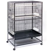 Cage dimensions: 31L x 20.5D x 53H inches1/2-inch bar spacing Lasting pet-safe black finish on wrought iron2 large front doors for easy access to birds Bottom shelf for storing extra food toys and cleaning supplies Pull-out bottom grille and tray for easy cleaning Rolling caster stand allows for easy movement between rooms4 plastic double cups and 3 solid wood perches. The roomy Wrought Iron Flight Cage provides plenty of flight room for your feathered friends. A metal stand with easy-roll casters lets you enjoy the company of your bird anywhere. The handy bottom shelf is great for storing extra food toys and cleaning supplies. Give your smaller birds an enclosure that lets them stretch out their wings with this attractive cage. Its spacious interior offers plenty of room to jump perch and play. A wrought iron construction makes it highly durable while its multiple feeding trays make sure food and water is readily available and easily changed. A lower tray pulls out making cleanup a snap. Push your feathered friends anywhere you want with smooth rolling casters. A lower shelf is the perfect place to store seed toys and other bird-loving accessories.
