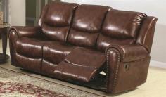 Faux leather upholstery with extra high density foam. Pocket coil seating. Padded and contoured arms with brass nail heads. Hardwooden and glued reinforced frames with corner blocked. Cenro reclining mechanisms are built on a heavy duty steel rail system. Two recliners with a drop down table convenient for food and drinks. Recliners extend upto 66 in. Required 4 in. clearance. Seating and back frames equipped with sinuous heavy duty no sag springs. Pre-mounted metal back clips snap into pre-mounted seat clips. Warranty: Two years. Brown finish. 86 in. L x 38 in. W x 41 in. H (192 lbs.). Make a stunning statement in your home with Sunset Trading's Oxford collection. This ultra comfortable seating will turn your living room into a luxurious place to kick back and watch a movie or visit with friends. This pocket sprung sofa is a fabulous choice if you and another user vary in weight since the pocket springs move freely on their own while foam density provides the best possible conformity to your body curves. Each time you stand up from the sofa, all the springs expand and press outwards, preserving the shape of the seat cushion and high tension coil wire makes the seat cushion more supportive and buoyant so this sofa will outlast pieces using old-style foam cushions that can break down over time and lose their support. The pocket springs in this durable, yet amazingly comfortable sofa will give you consistent support your family will enjoy for generations!