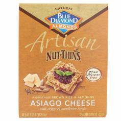 Crafted with brown rice & almonds. Natural. Wheat & gluten free. The delicious gluten-free artisan cracker. We think you'll agree these artisan-baked crackers go well with almost everything. Now you can enjoy the delicious taste of Blue Diamond Artisan Nut-Thins with the added tasty benefits of asiago cheese with poppy and sunflower seeds. We're sure they'll be your new favorite, guilt-free snack! Tasty Benefits per Serving: 3 g of protein; 21 g whole grain per serving; 130 calories for 13 crackers; no wheat or gluten. From the almond people. Certified gluten-free. Great with nutty tapenade. For this recipe and other delicious recipes, visit us at bluediamond.com. Proud sponsor of Celiac Disease Foundation. 100% recycled paperboard. Brown Rice Flour, Almonds, Brown Rice, Potato Starch, Safflower Oil, Asiago & Herb Seasoning (Cheddar Cheese Powder [Cheddar Cheese {Adds a Trivial Amount of Cholesterol} {Milk, Salt, Cultures, Enzymes}, Disodium Phosphate], Salt, Natural Flavors Including Asiago, Garlic Powder, Spices, Parsley, Citric Acid, Lactic Acid), Roasted Sunflower Kernels (with Sunflower Oil), and Poppy Seeds. Contains: milk, almonds.