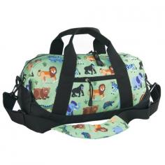 Kids will go bananas for our Wild Animals Kids Duffel Bag! This fantastic jungle themed duffel's roomy interior and zippered pocket are ideal for little ones to carry around their books, art supplies, toys, snacks and more! Our duffel bags are specially sized for preschoolers (ages 3+), and feature a detachable padded shoulder strap, 2 handles, and a simple zipper closure pocket. These dazzling duffel bags are perfect for school, camping trips, or weekends at Grandma's house. Features: Moisture-resistant interior nylon lining Detachable padded shoulder strap Spacious interior Exterior zippered compartment Great for sleepovers, camp, sports practice, and travel Embroidery friendly 18in. x 9in. x 9in. Recommended Ages 3+ One-year manufacturer's warranty against defects - normal wear-and-tear, and misuse excluded. Rigorously tested to ensure that all parts are lead-safe, bpa-free, phthalate-free, and conform to all rules and regulations set forth by the Consumer Products Safety Information Act. Designer: Olive Kids for Wildkin Shipping Time: Ships out in 1 to 2 business days.