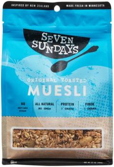 If you want a heavily processed breakfast with hardly any nutrients, please look elsewhere. No added oil, refined sugar or preservatives. 100% all natural. High in fiber. Wheat free. We first had muesli while traveling in New Zealand. It was nothing like the cereals we were used to - no puffs, flakes, shreds or clusters - instead loaded with all natural ingredients that delivered a simple, yet richly textured and flavorful breakfast. With no suitable replacement back home, we decided to shake up the cereal aisle with our very own New Zealand-inspired mueslis. Enjoy, Hannah & Brady. Muesli is Not Granola. Sorry Granola: They look similar, but they're not. Many granolas and cereals have oils, sugars and processed fillers. Our muesli is made with only raw or slightly toasted ingredients and only pure sundried fruits. So you get a broad spectrum of super healthy, whole ingredients in just 1/2 cup. Is There a Muesli World Championship?: There isn't! But it would be cool if there was one. And we might win it. Because we focus on crafting small, tasty batches, with pallet-pleasing spice and fruit combos. Hey, why don't you start a championship? Let us know when we can enter. Want to Learn More?: Visit www. sevensundays.com to learn about the history of muesli, its nutritional benefits, get recipe ideas and more! We love MN (Mother Nature). This box is made from 100% recycled, unbleached and uncoated material. Please recycle after use. 1% for the Planet. www. sevensundays.com. Made in Minnesota. How to Eat Muesli: Ready-to-Chew: Pour muesli into a bowl. Add milk, yogurt or fruit juice. Let sit a few minutes and serve. Hot Muesli: Mix equal parts muesli and water. Stovetop: Bring to a boil and reduce heat, cooking for 3 minutes. Microwave: Cook for 3 minutes on high; stir halfway through. Swiss Soaked Muesli: Cover 1/2 cup muesli with 3/4 cup milk, yogurt or fruit juice. Refrigerate 2 hours or overnight. Serve with fresh fruit and yogurt. Organic Whole Grain Oats, Whole Grain Barley, Whole Grain Rye, Organic Honey, Coconut, Raisins, Currants, Sunflower Seeds, Almonds, Pumpkin Seeds, Golden Flax Seeds, Brazil Nuts, Banana Chips (Bananas, Coconut Oil), Spices. Contains tree nuts. Made in a facility that uses milk, eggs, soy and wheat. May contain pit or shell fragments.