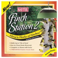 Kaytee Finch Station 2 Sock Feeder ultimate finch feeding stations hold up to 7 lbs of seed to attract more finches. A unique gravity fed system replenishes the mesh sock to extend the interval between refills, encouraging more visits from shy songbirds. - Finches flock to this feeder - Holds up to 7 lbs of seed - Easy-to-fill sock with reservoir - Includes 4 socks Easy-to-fill cover stays up and out of the way during filling. Strong weather-resistant dome reservoir stores extra seed, keeping socks filled longer. Durable, coated metal cable is looped and ready to hang. Unique gravity fed system allows seed to flow into socks. Strong built-in elastic band attaches socks easily to the seed ports under the dome reservoir. Soft mesh socks make it easy for birds to take hold and enjoy their food. Multiple socks offer more surface area for flocks of finches to comfortably eat at the same time. Easy to clean - all parts are machine washable. Seed sold separately. Kaytee Kaytee Finch Station 2 Soft Mesh Sock Feeder: 1 Feeder - (9-1/8" Diameter x 21" Tall) #19111 - Finch & Thistle Feeders