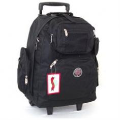 18" Rolling Backpack Colors: Black, Royal Blue, Sky Blue, Pink, Red, Khaki, Gray, YellowThese are great for School or Travel as a carry on. Free Bonus with each bag: A matching a small zipper change wallet attached to the bag Product Features: Dimensions 18" x 13" x 7.5 Retractable pulling handle Made of Durable 600 Danier Polyester Main Compartment is 18" x 13" x 7" dual zipper closure that you can also put a small lock on to secure it. This would be a great section for books or you can put your laptop in here all you would need will be a laptop sleeve 2 zipper side pocket each 8.5" x 6" x 1.5" with Mesh pocket on the outside for bottles etc Dual Wheels on each side that are 1.5" wide to insure stability while rolling the case. You also have a flap that opens down to close the wheels so if you have the backpack on your back the wheels would not bother you. The shoulder strap is padded and it is 2.5 inches wide When the handle is open the total height of the pack is 3 FT. All the Handle & wheel pieces are Bolted to the Frame they will not come apart. Great clasps on top to clip on another bag to roll that as well On the front you have 2 pockets for your essentials for daily use Pen Holder, MP3 holder, key clip Etc.