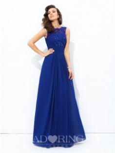 A-Line Scoop Sleeveless Floor-length Chiffon Lace Dress