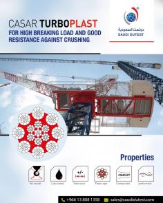 Saudi Dutest supplies exclusive CASAR Turboplast Wire Ropes with new improved design, suitable for smaller and greater lifting heights operations. Contact us to get more details on the product: