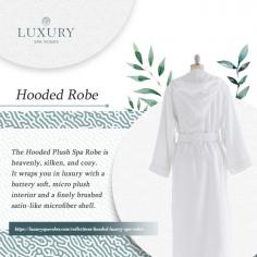 From head to toe, our Hooded Robe will envelop you in luxury. With rich satin embellishments and a fashionable classic fit, our hooded robe is soft and snug, great for indoor or outdoor relaxation and complete body comfort. The Hooded Deluxe Plush Spa Robe is opulent, smooth, and luxurious. This hooded robe envelops you in luxury with a buttery soft micro plush interior and a beautifully brushed satin-like microfiber outer. It features a shawl collar, hooded design, and exquisite details like cuffed sleeves, front pockets, and satin piping. You'll want to towel off before putting it on, but after you've put it on, you won't want to take it off.
For more info visit here: https://luxurysparobes.com/collections/hooded-luxury-spa-robes