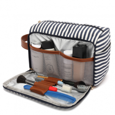 Small Casual Ladies Waterproof Canvas Toiletry Bag. 

Color: Black stripes, Blue stripe

Style: Casual

Material: Canvas

Closure Type: Zipper

Hardness: Soft

Bags Structure: Interior Zipper Pocket

Size: 5.5 x 9.8 x 7.1 inches

BOSIDU®: https://mybosidu.com/collections/women/products/small-casual-ladies-waterproof-canvas-toiletry-bag