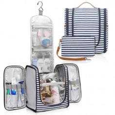 Fashion Women's Striped Toiletry Bag
Best for: weekend and business travelling, hiking, picnic and other outdoor activities.

Color: Blue and white stripes

Style: Casual 

Material: Canvas

Closure Type: Zipper

Hardness: Soft

Bags Structure: Interior Zipper Pocket

Size: 10.24 x 9.45 x 5.12 inches

BOSIDU® https://mybosidu.com/collections/hot-sale/products/fashion-womens-striped-toiletry-bag