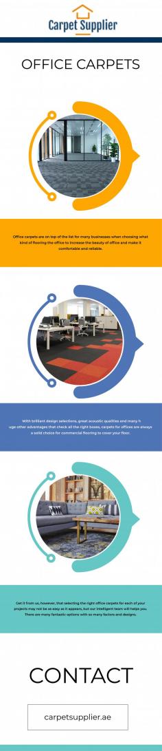 When it comes to determining what type of flooring to use to improve the aesthetic of the office while also making it more pleasant and reliable, office carpets are at the top of the list for many businesses. There are a plethora of fantastic choices, each with its own set of features and designs. 

Visit us: https://carpetsupplier.ae/office-carpets/