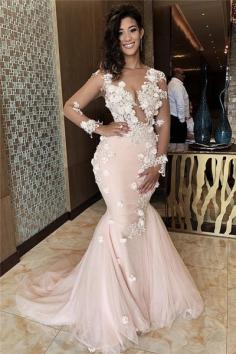 Image of Trendy Illusion Long Sleeve Mermaid Pink Lace Junior Prom Gowns