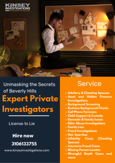 Looking for a top-notch private investigator in Beverly Hills? Look no further than Kinsey Investigations! With our expertise and unwavering commitment to delivering accurate results, we provide unmatched investigative services tailored to your needs. Contact us today for discreet and reliable investigative solutions that surpass expectations. Trust Kinsey Investigations for all your Beverly Hills investigations.