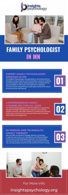 Experienced Family Psychologist in MN – Insights Psychology

At Insights Psychology, we understand the complexities of family dynamics. Our family therapists work with families of all shapes and sizes to resolve conflicts, enhance communication, and foster healthy relationships. Available both in person and through telehealth, our family psychologist in MN is here to help your family thrive. Connect with us today to improve family wellness and harmony with expert guidance.

"Contact a Family Psychologist"