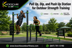 Koochie Outdoor Fitness offers a durable pull up, dip, and push up station designed for outdoor fitness spaces, parks, schools, recreation areas, and community wellness zones. This multi-use fitness station supports upper-body strength, core stability, bodyweight training, endurance, and functional movement for users of different fitness levels. For inquiries, call (847) 701-5190.