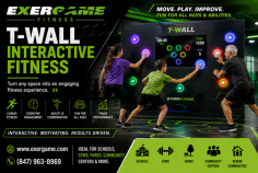 Exergame Fitness offers the T-Wall interactive fitness system for schools, gyms, recreation centers, wellness facilities, senior communities, and training studios. Its light-based touch targets create engaging workouts that support reaction time, coordination, agility, cardio fitness, cognitive activity, and friendly competition for users of different ages and abilities. Call (847) 963-8969 to learn more.