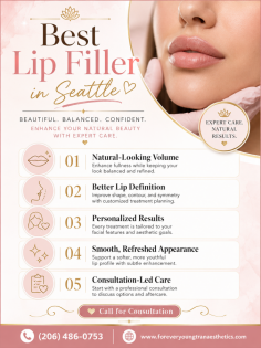 Forever Young Aesthetics offers personalized lip filler treatments in Seattle for clients seeking improved shape, definition, symmetry, and natural-looking volume. Each appointment is carefully planned around your facial features, preferences, and aesthetic goals to create balanced, refreshed results without an overfilled appearance. Schedule a consultation to discuss treatment options, expected results, and aftercare. Call (206) 486-0753.