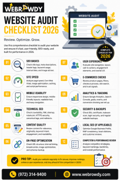 WebRowdy’s Website Audit Checklist 2026 helps businesses review key website elements such as SEO, page speed, mobile usability, content quality, technical issues, and user experience. This guide is designed to help website owners identify improvement areas, fix performance gaps, and build a stronger online presence for better visibility, traffic, and growth. Call (972) 314-9400.
